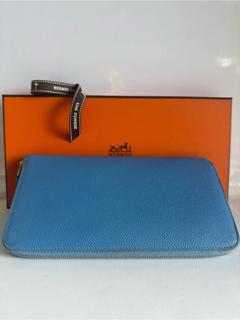 Authentic Hermès Azap Silk’In Long Wallet Blue Epsom Leather w/Box and Ribbons